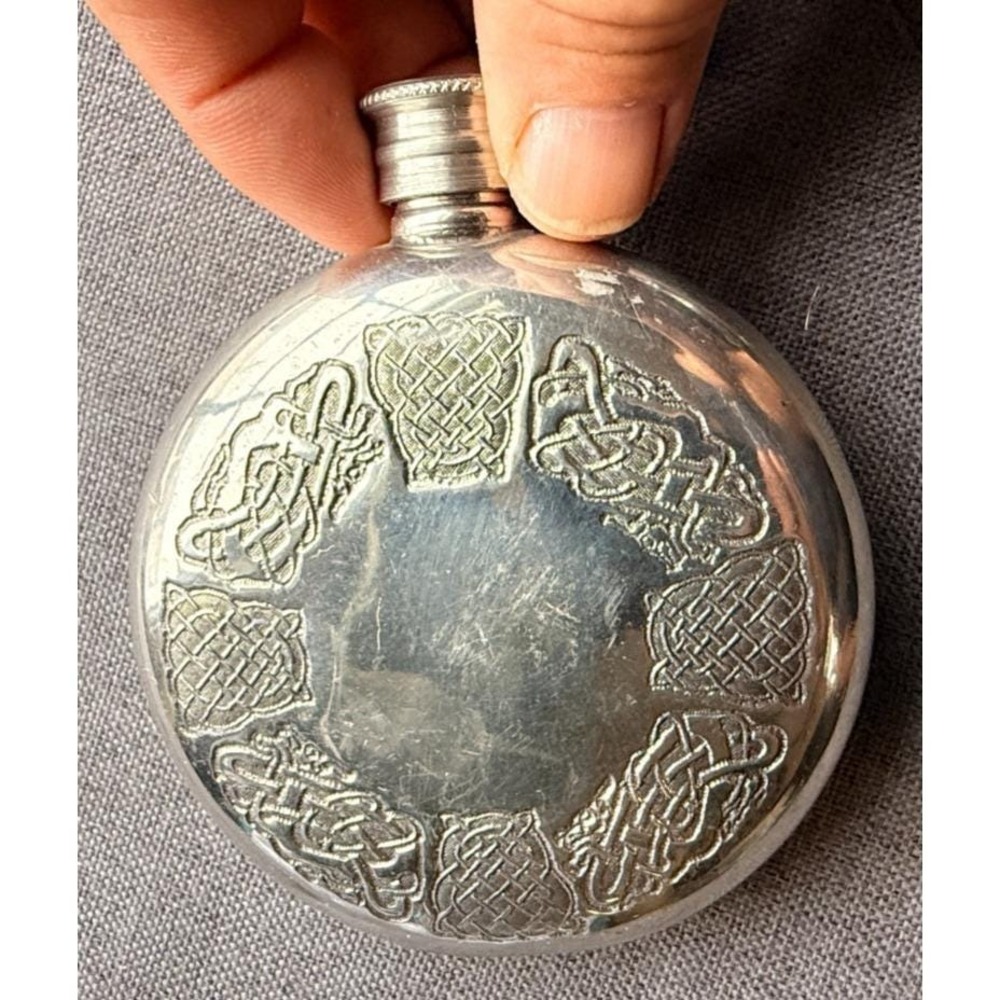 Pewter Flask Engraved Celtic Design Wedge Hip Boot Flask USA